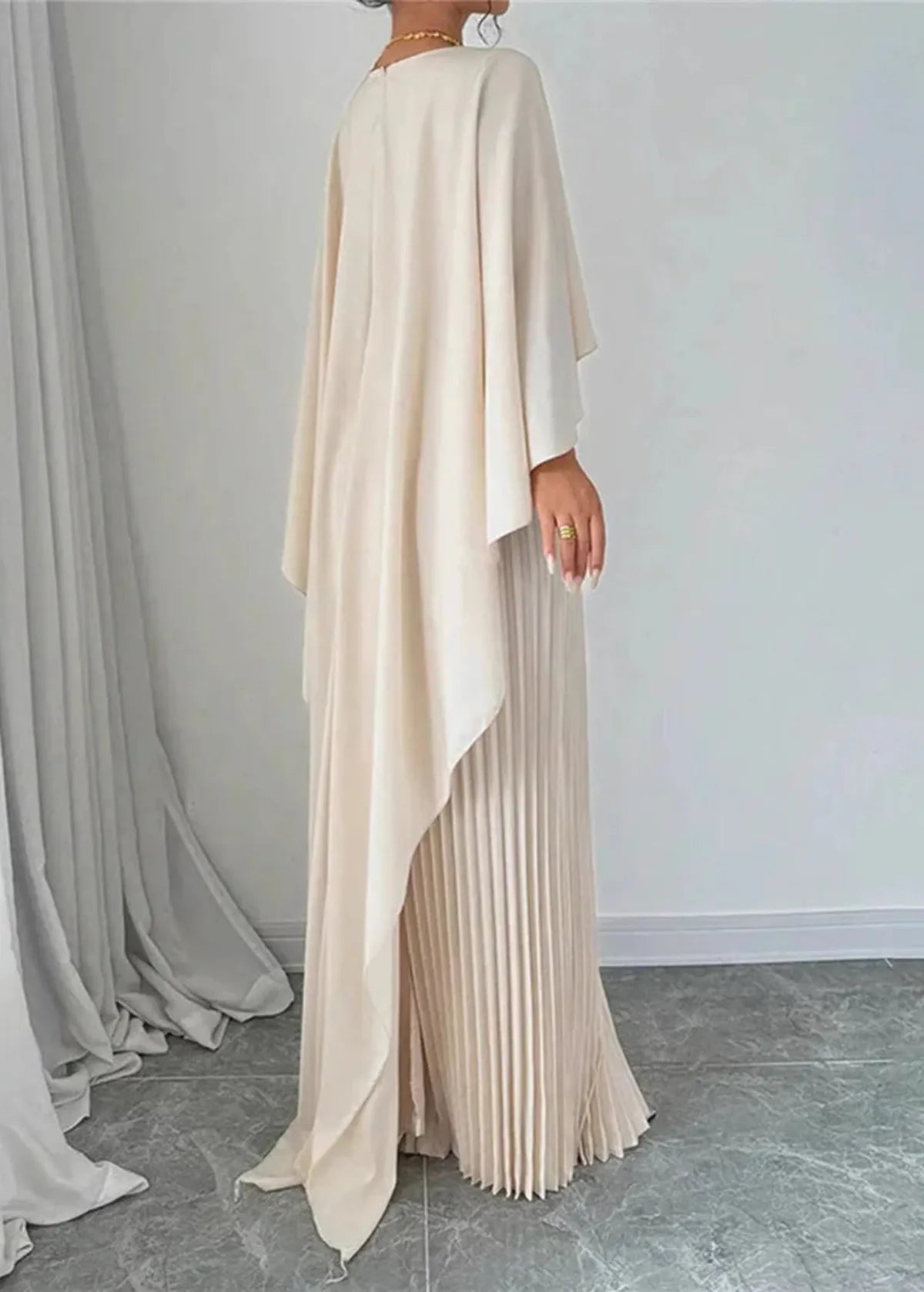 Cape Overlay Pleated Maxi Dress