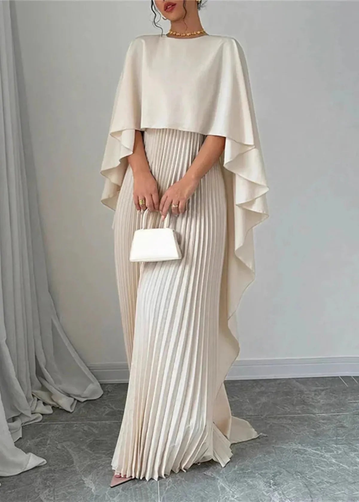 Cape Overlay Pleated Maxi Dress