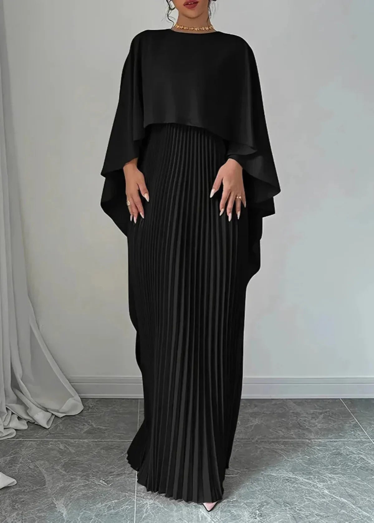 Cape Overlay Pleated Maxi Dress