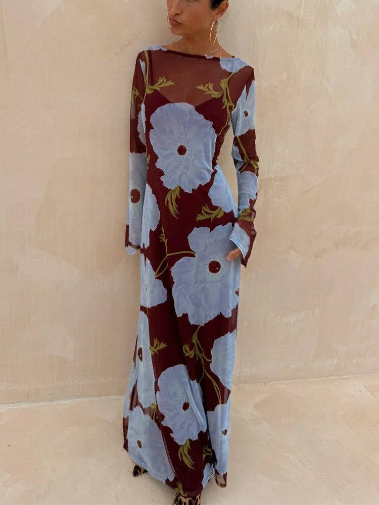 Sheer Mesh Burgundy Maxi Dress