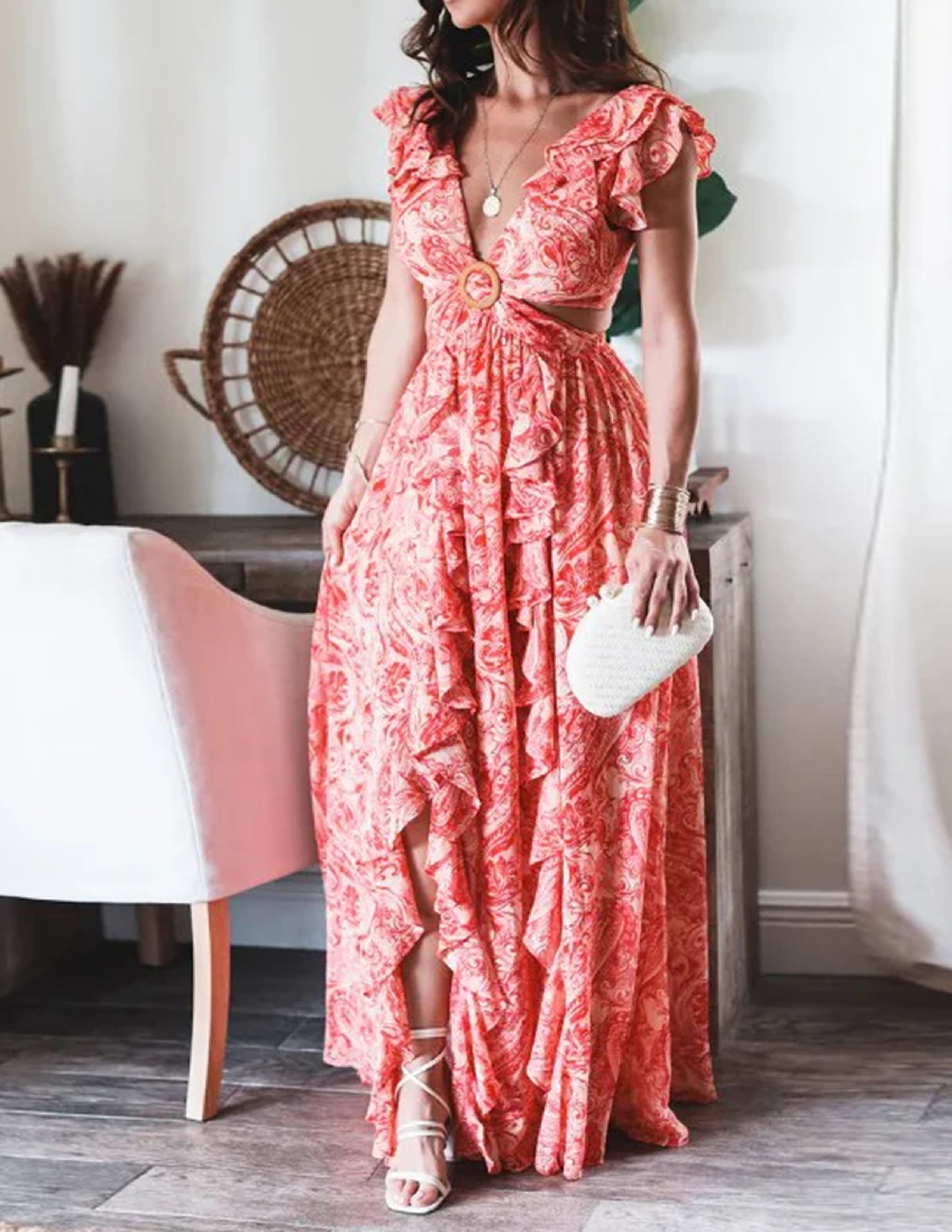 Butterfly Sleeve Ruffle Slit Dress