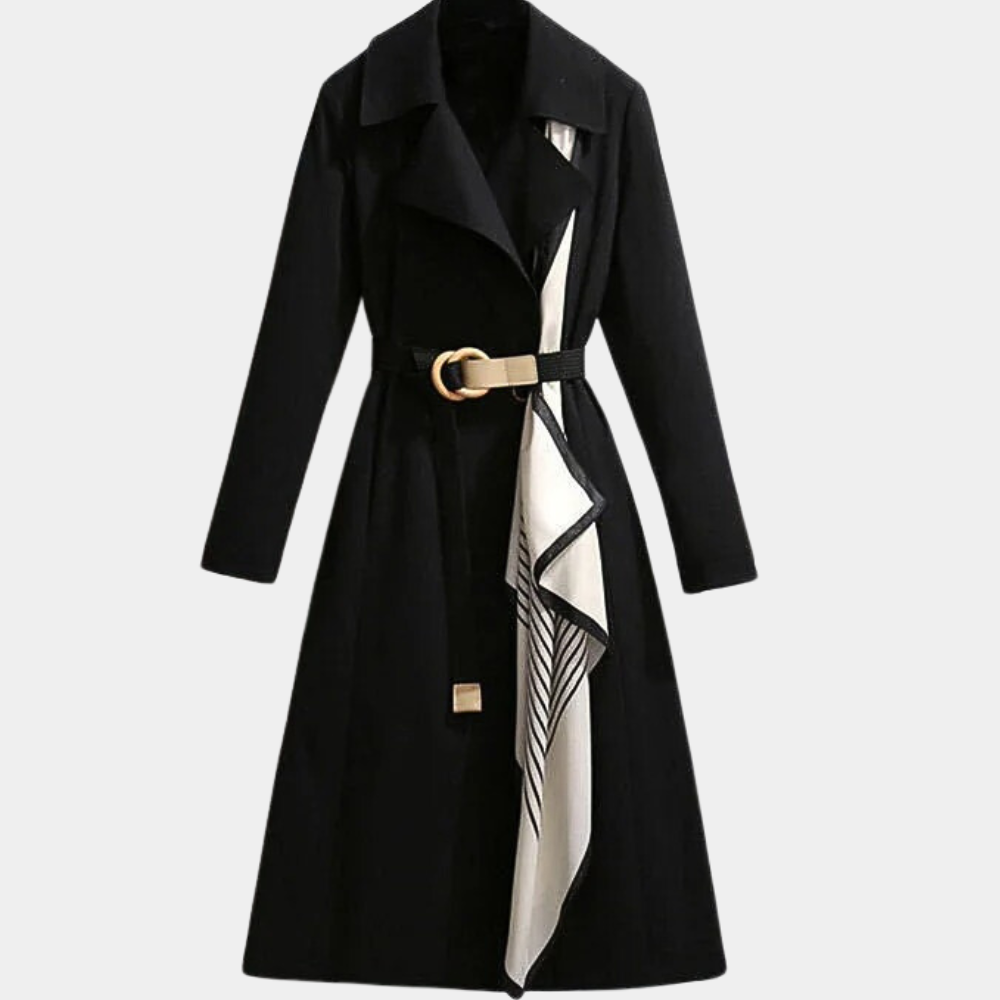 Belted Contrast Lapel Long Coat