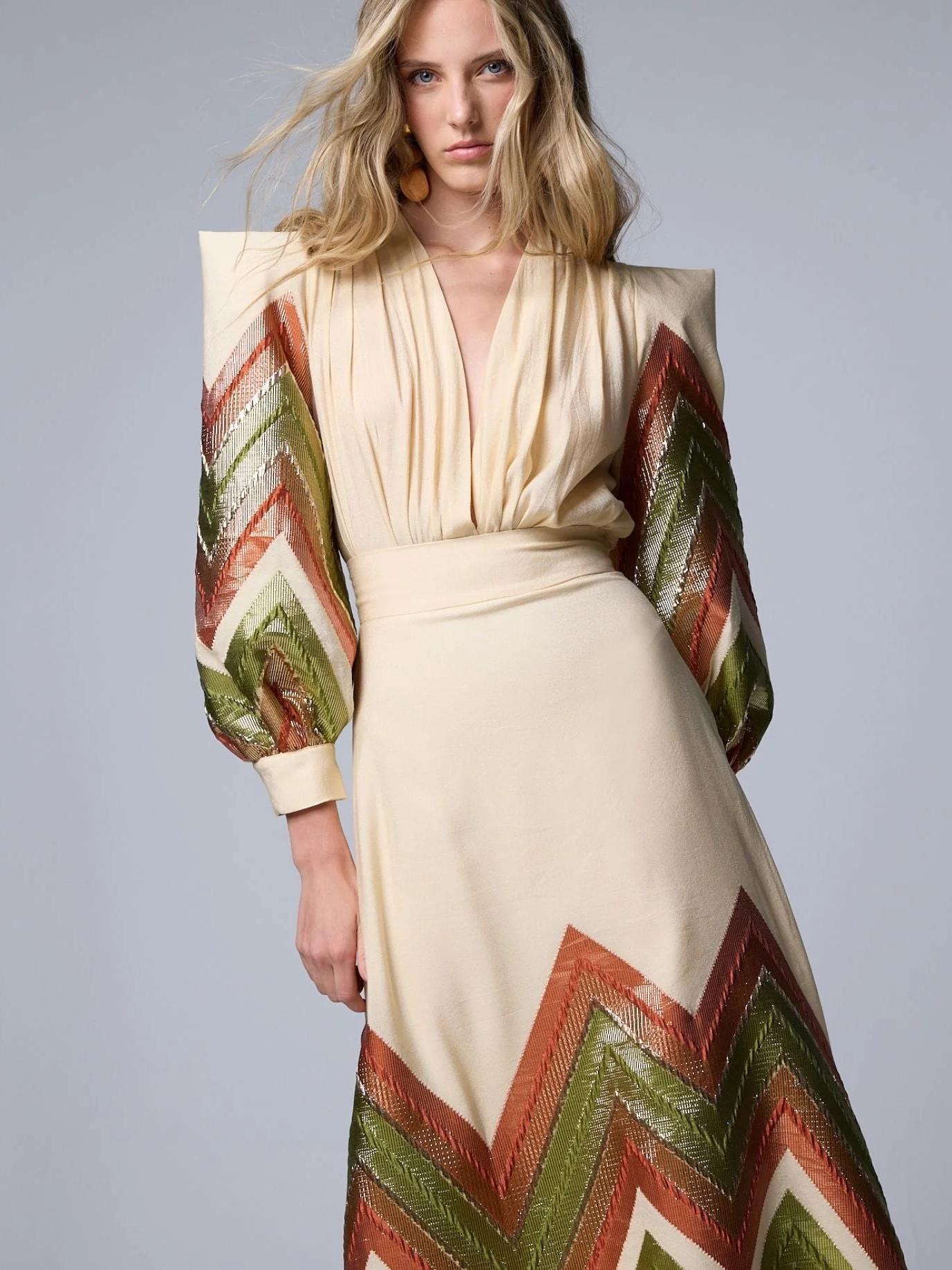 Puff Sleeves Bodysuit & Geometric Patterned Midi Skirt Set