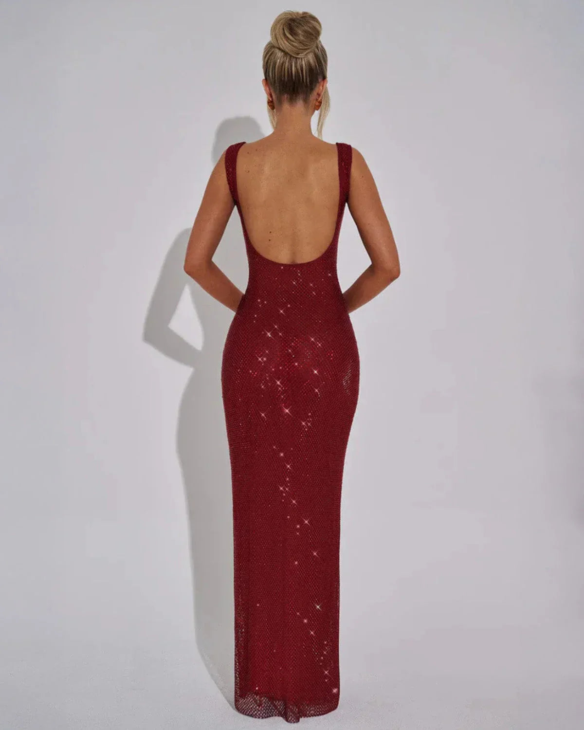 Rhinestone Mesh Open-Back Maxi Gown