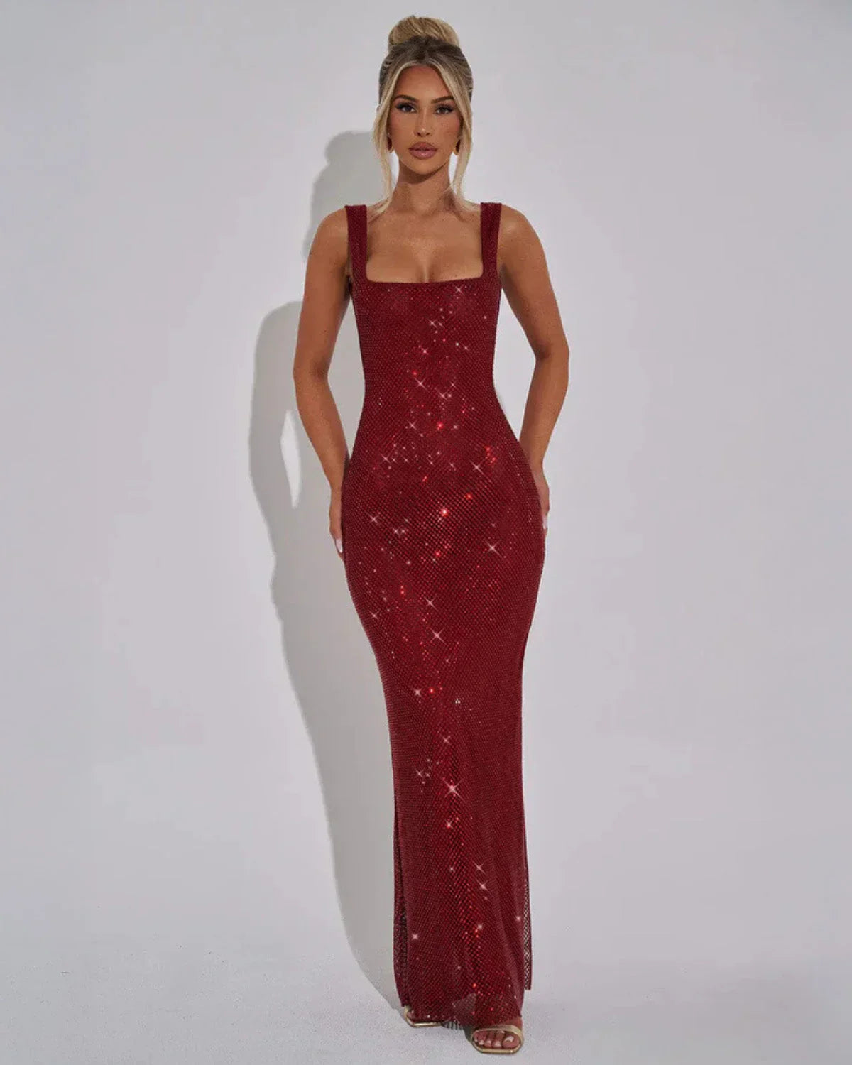 Rhinestone Mesh Open-Back Maxi Gown