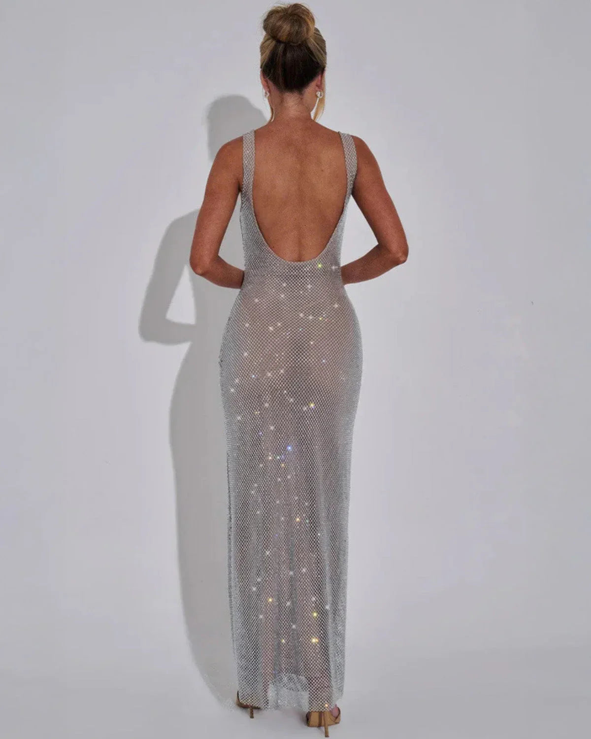 Rhinestone Mesh Open-Back Maxi Gown