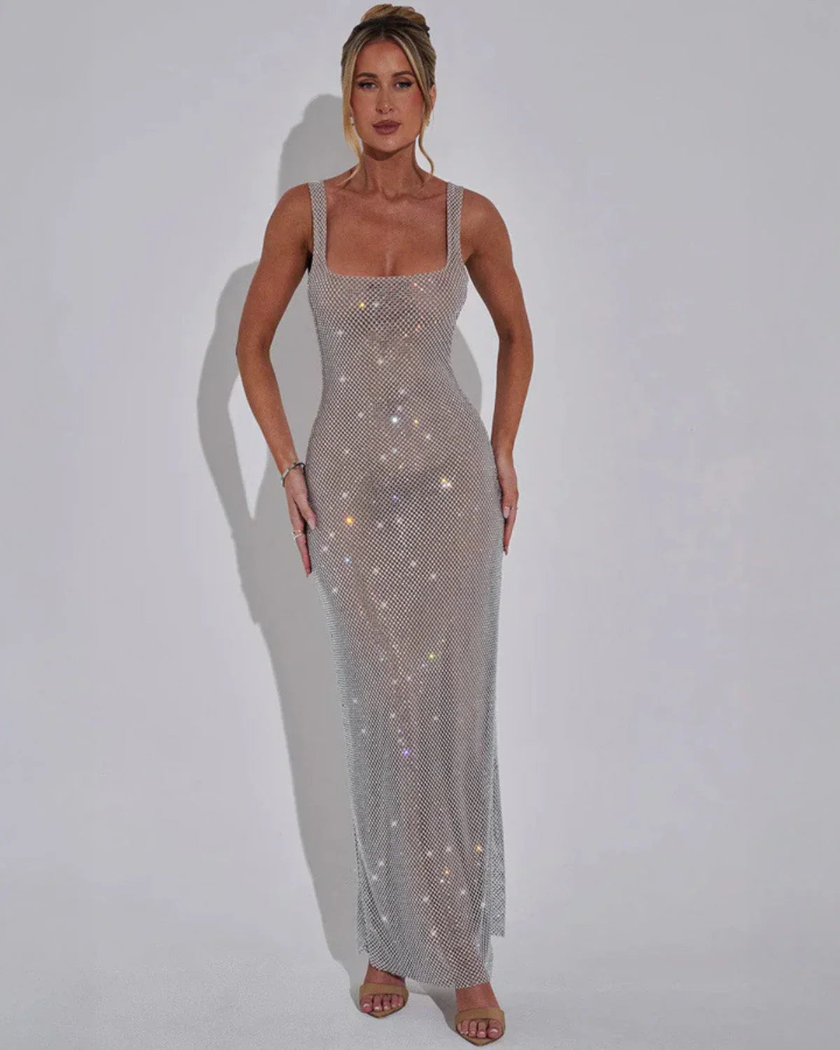 Rhinestone Mesh Open-Back Maxi Gown