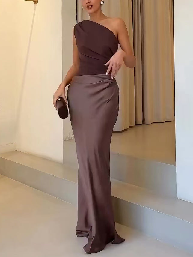 Pleated One-Shoulder Maxi Dress