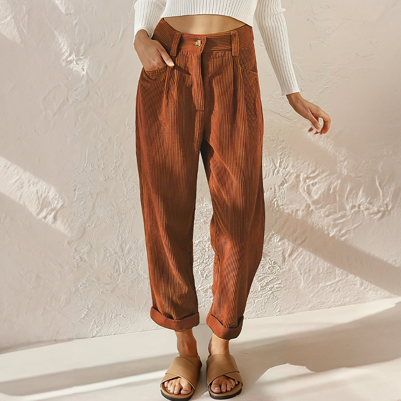 High Waist Pleated Corduroy Trousers