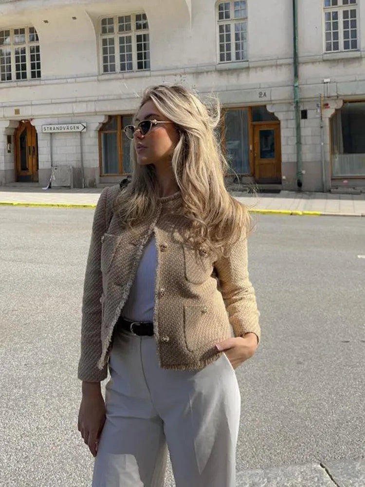 Cropped Boucle Gold Button Blazer