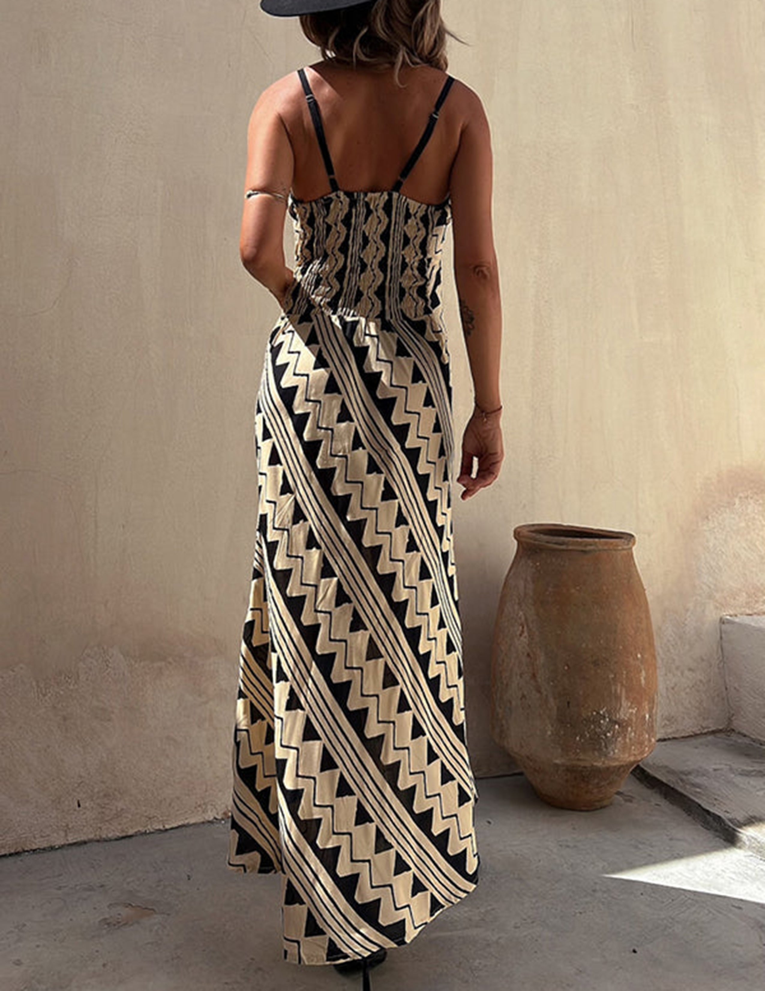 Smocked-Back Satin Print Midi Dress