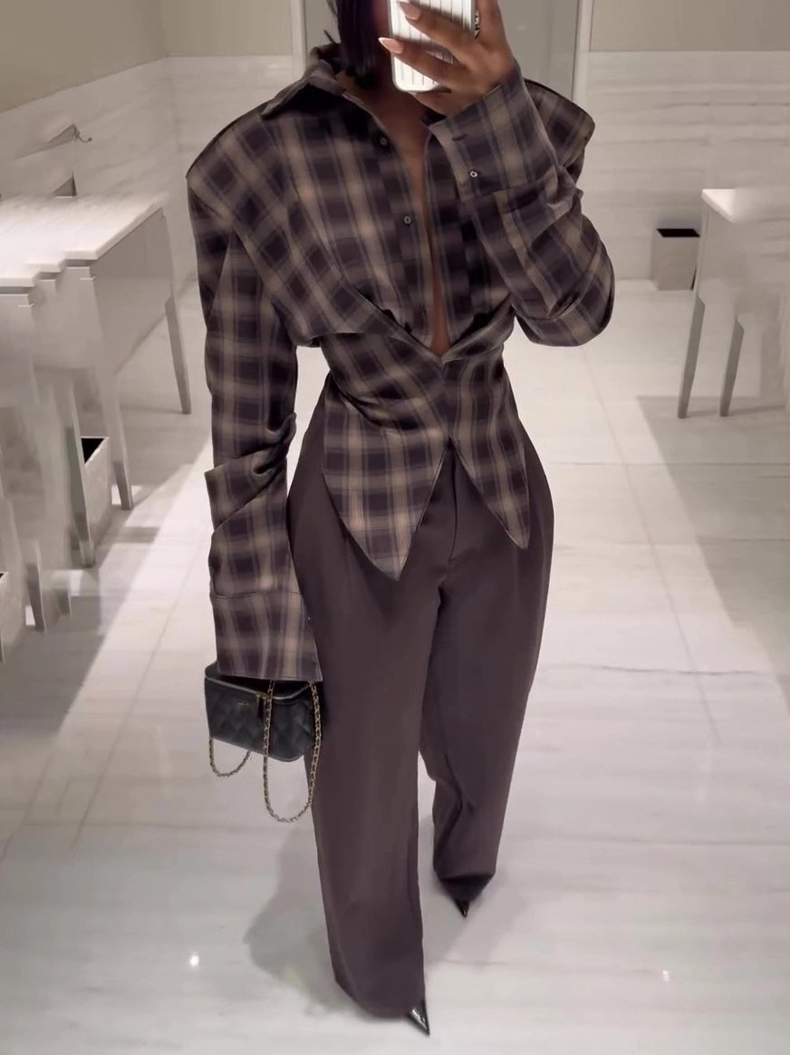 Oversized Plaid Tie-Front Blouse