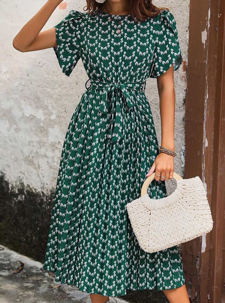 Floral Sash Jewel Neck Midi Dress