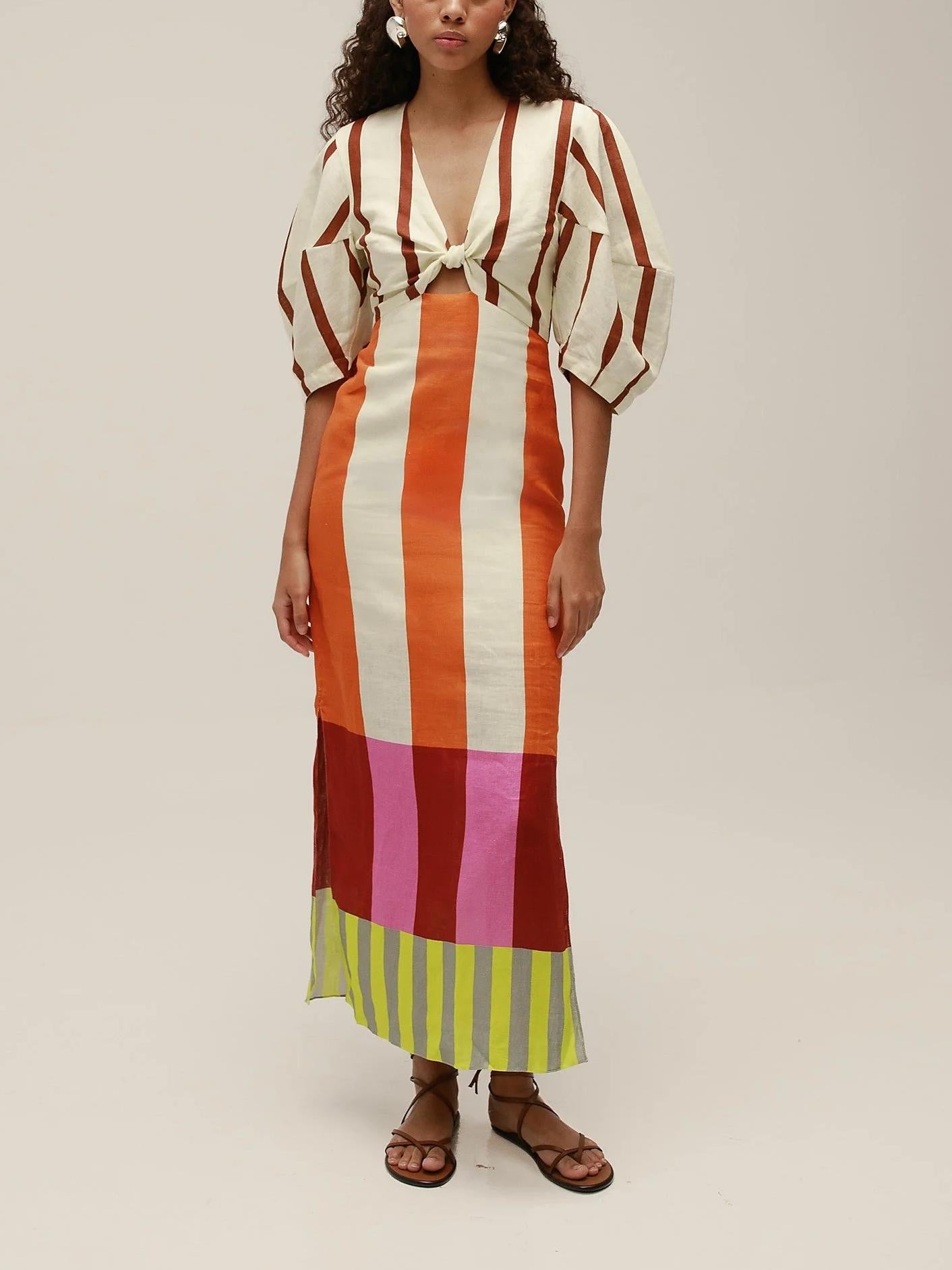 Knot-Front Puff Sleeve Maxi Dress