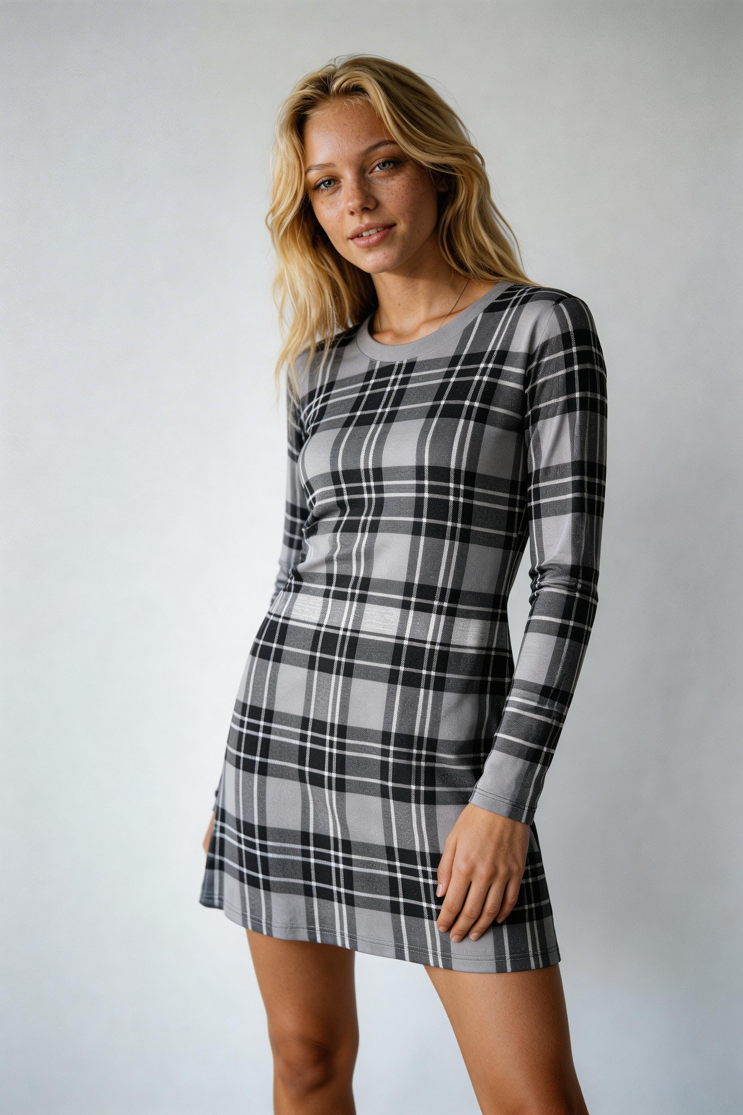 Long Sleeve Tartan Mini Dress