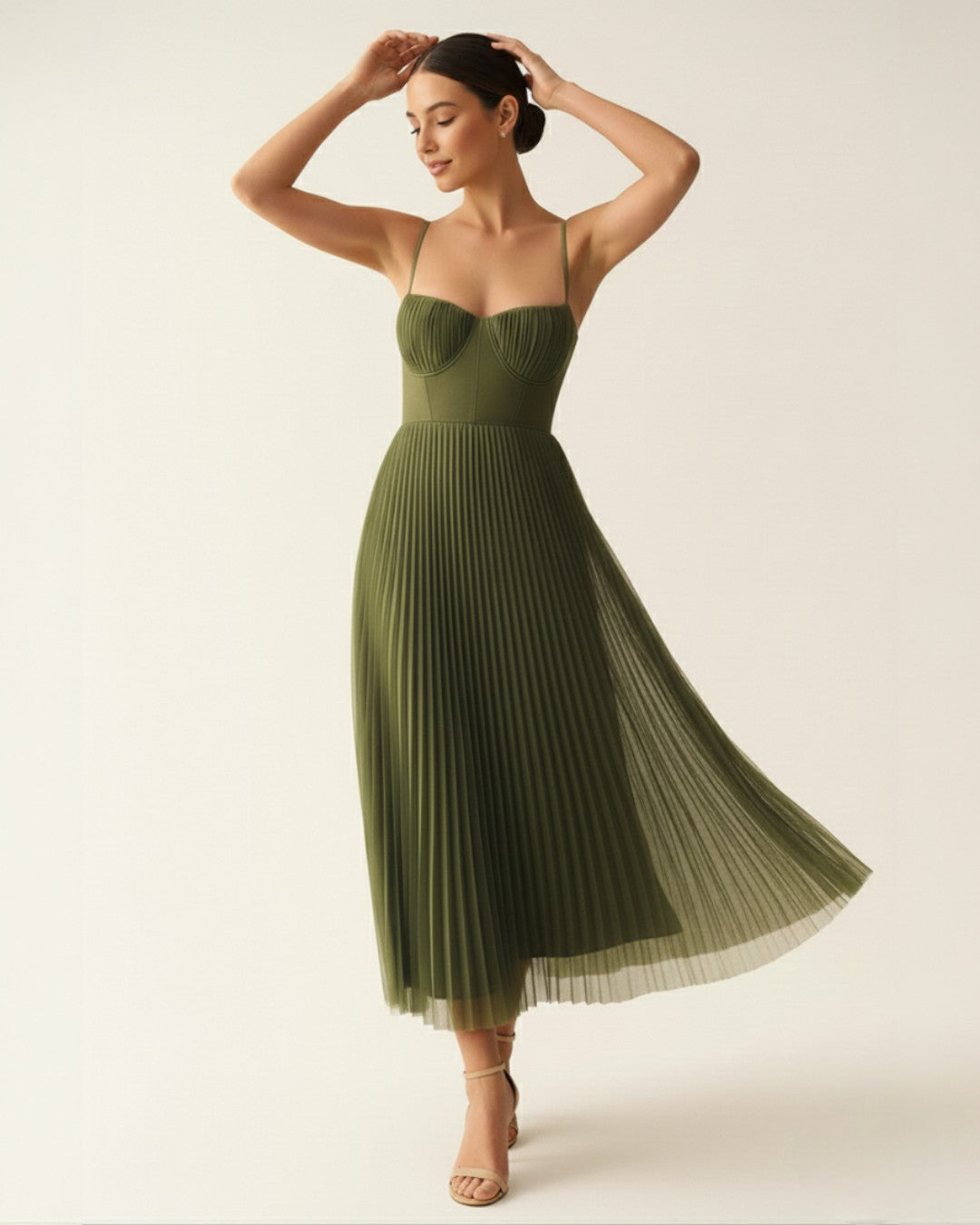 Pleated Tulle Bustier Midi Dress