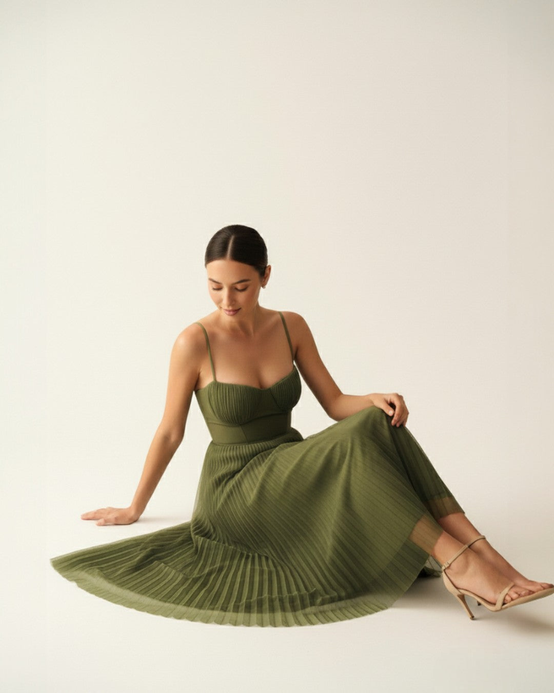 Pleated Tulle Bustier Midi Dress