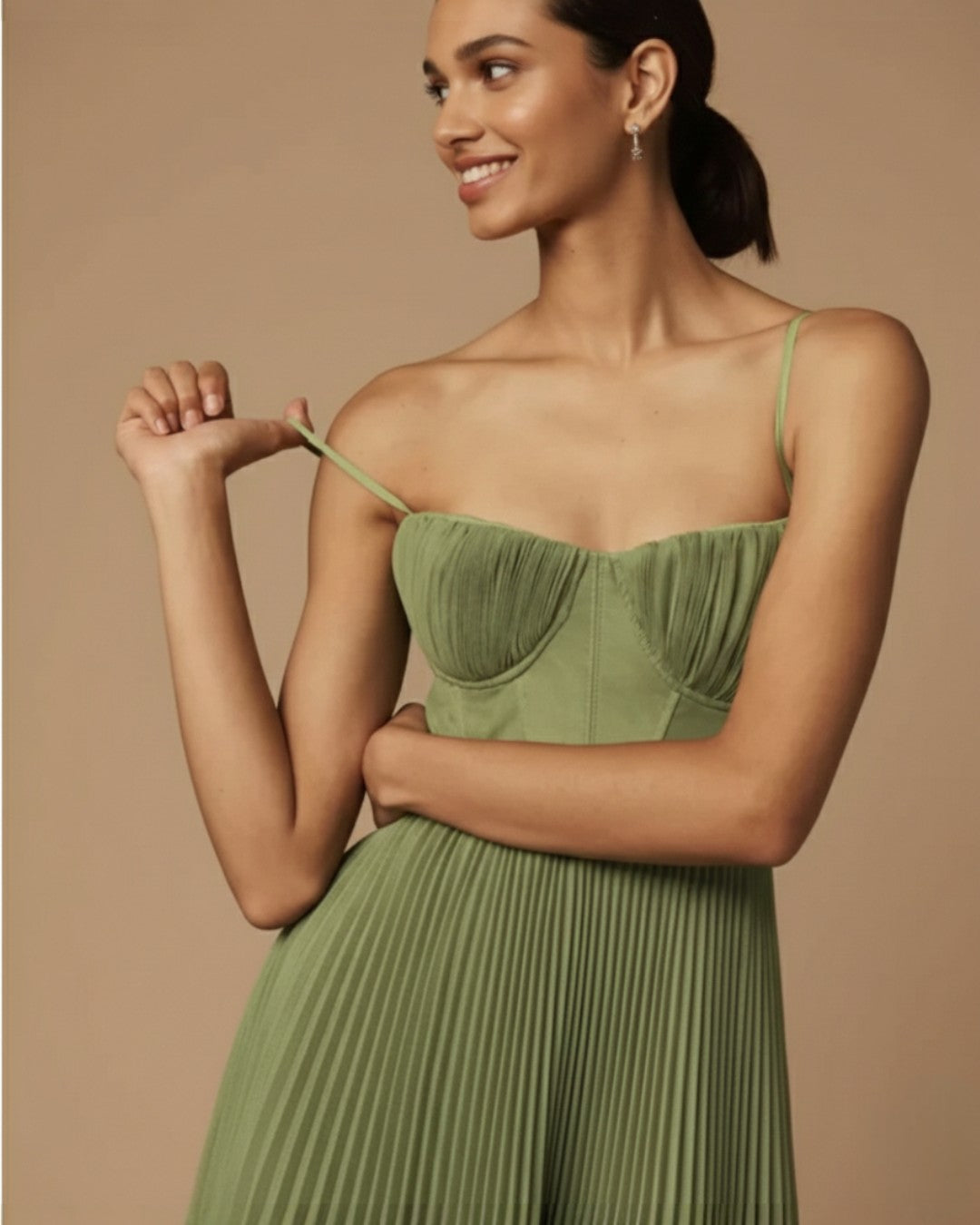 Pleated Tulle Bustier Midi Dress