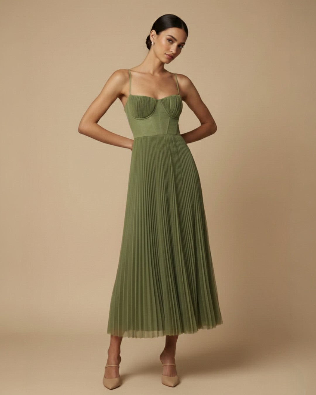 Pleated Tulle Bustier Midi Dress