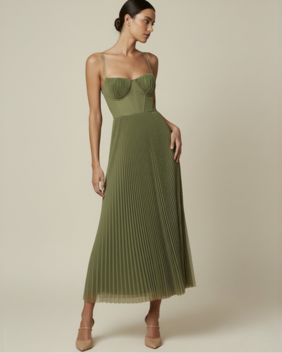 Pleated Tulle Bustier Midi Dress