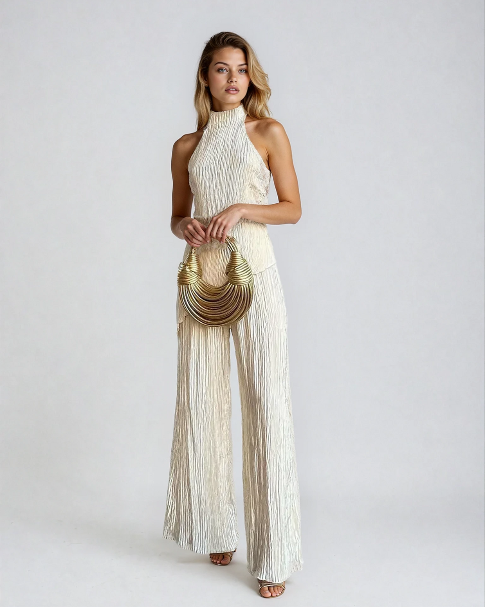 Crinkle Halter Top & Wide-Leg Set