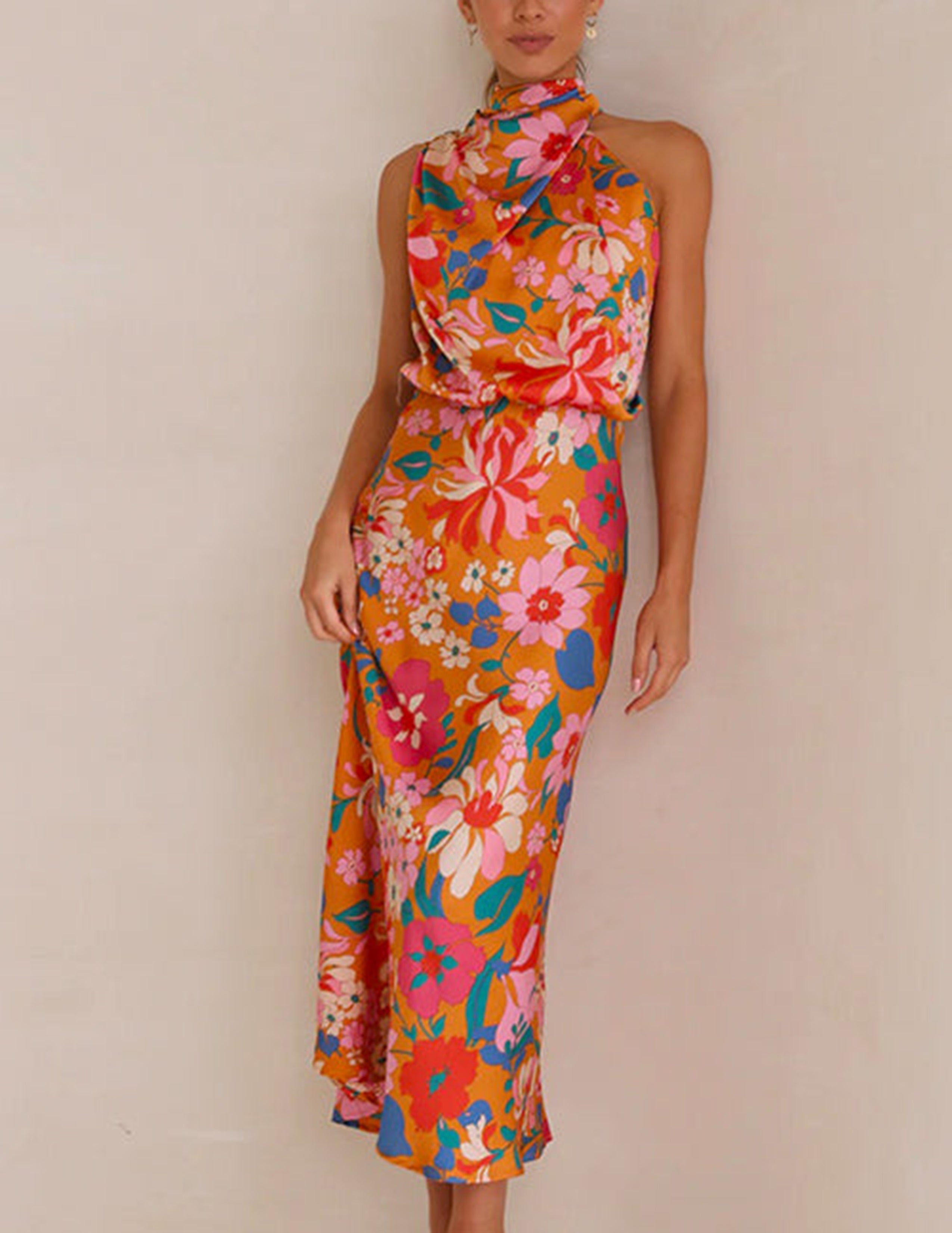 Floral Halter Elastic Maxi Dress