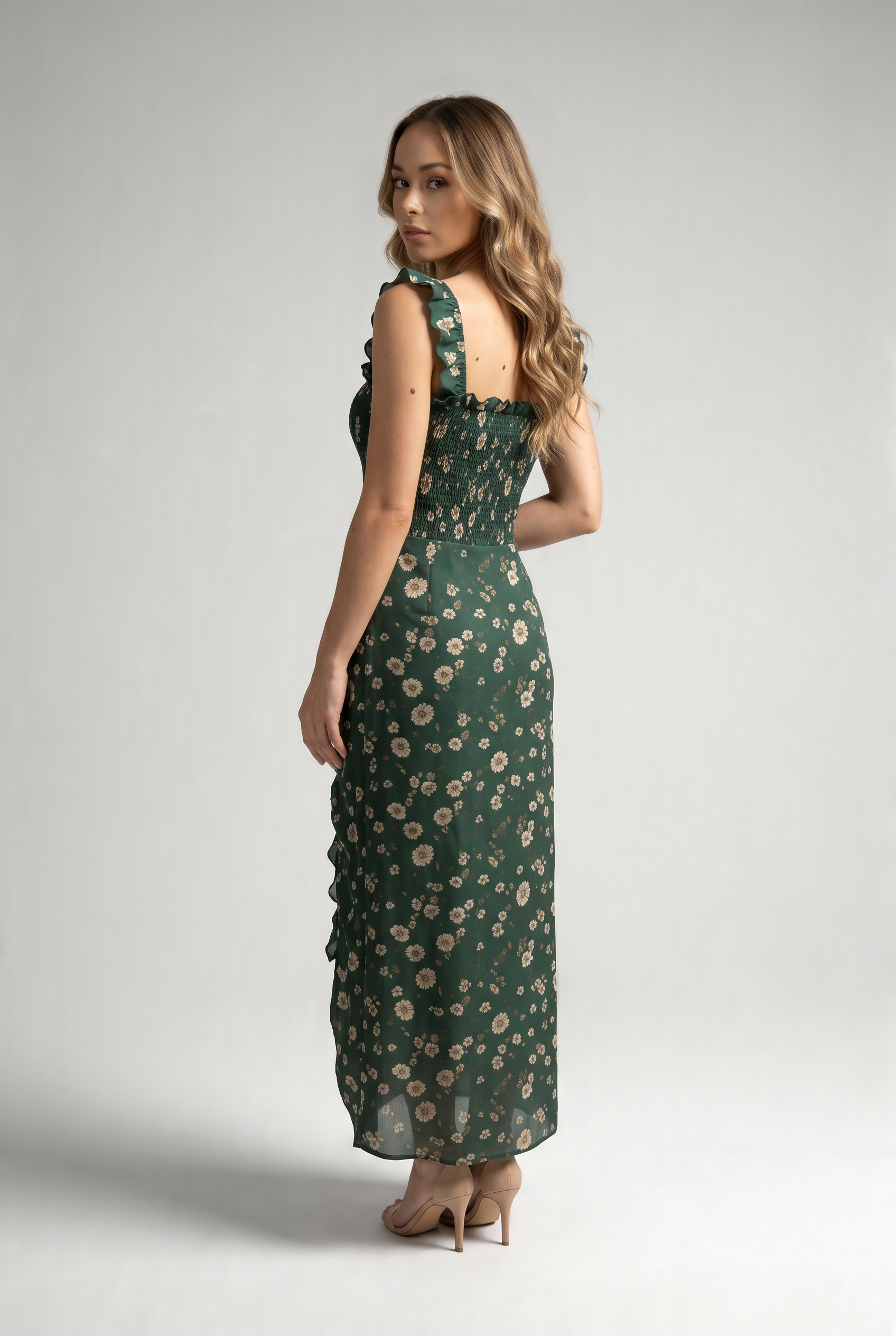 Daisy Print Smocked Ruffle Midi Dress