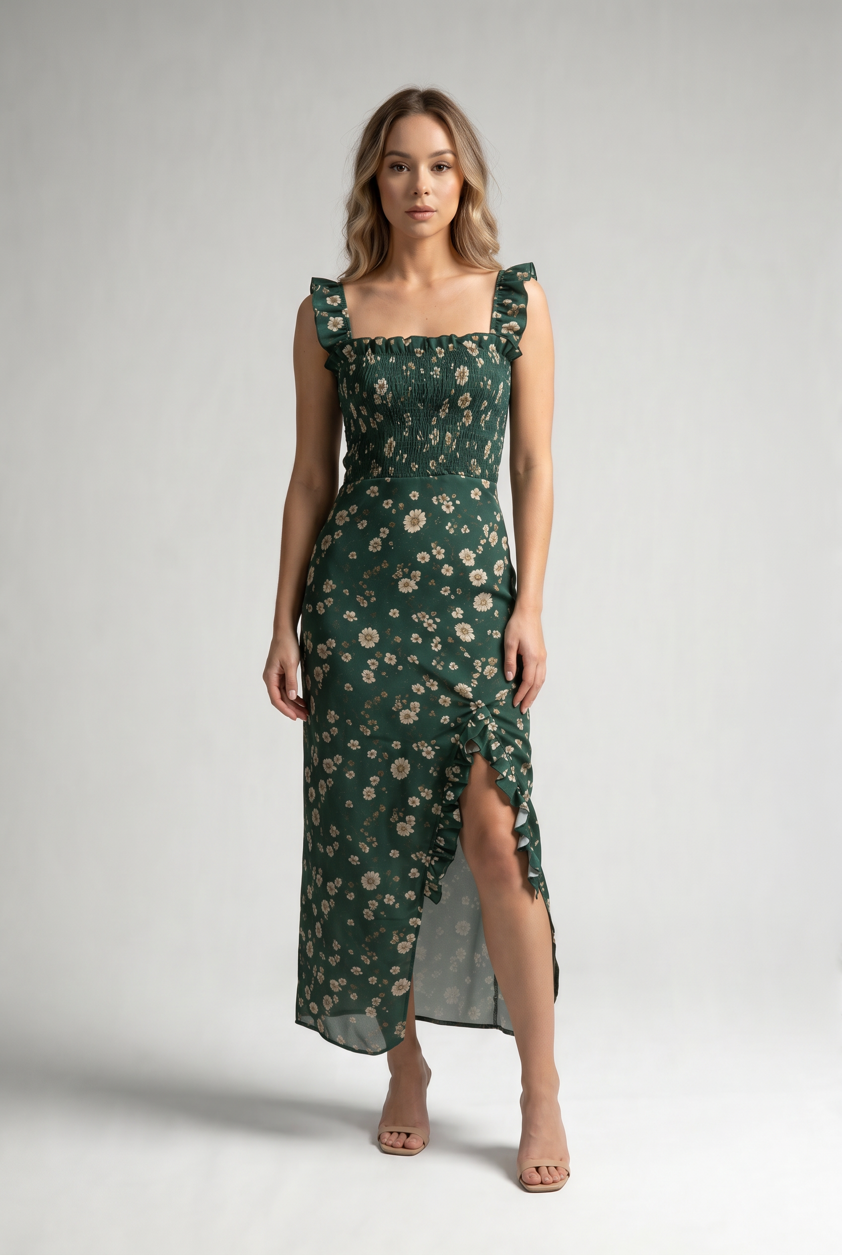 Daisy Print Smocked Ruffle Midi Dress