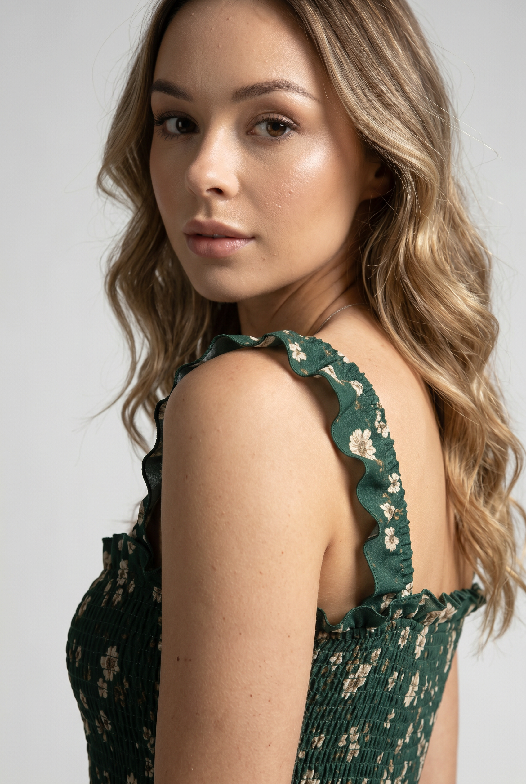 Daisy Print Smocked Ruffle Midi Dress