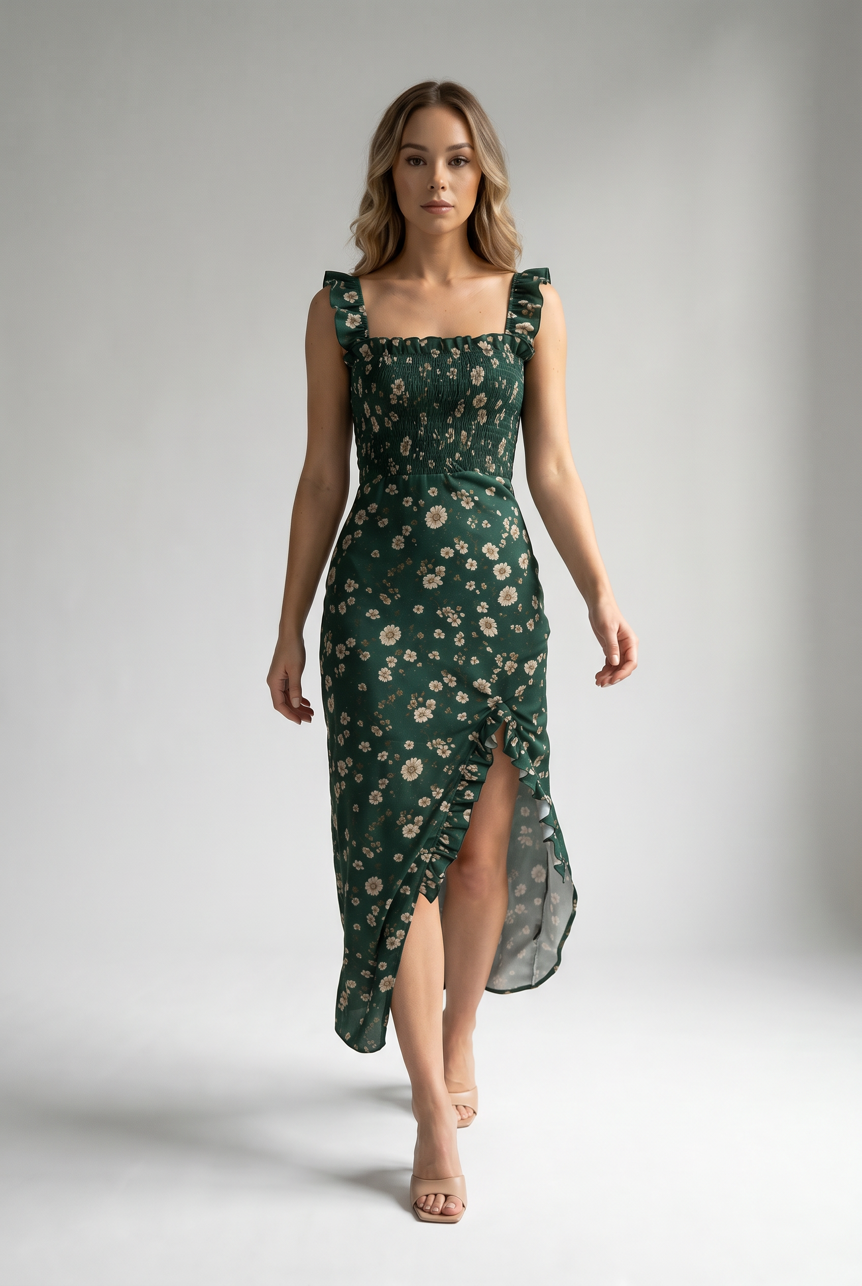 Daisy Print Smocked Ruffle Midi Dress