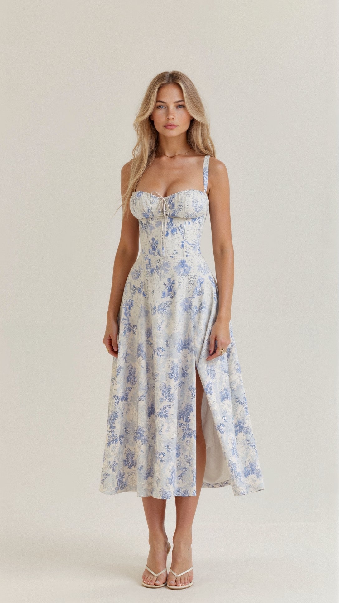 Woman wearing a floral dress on a plain background