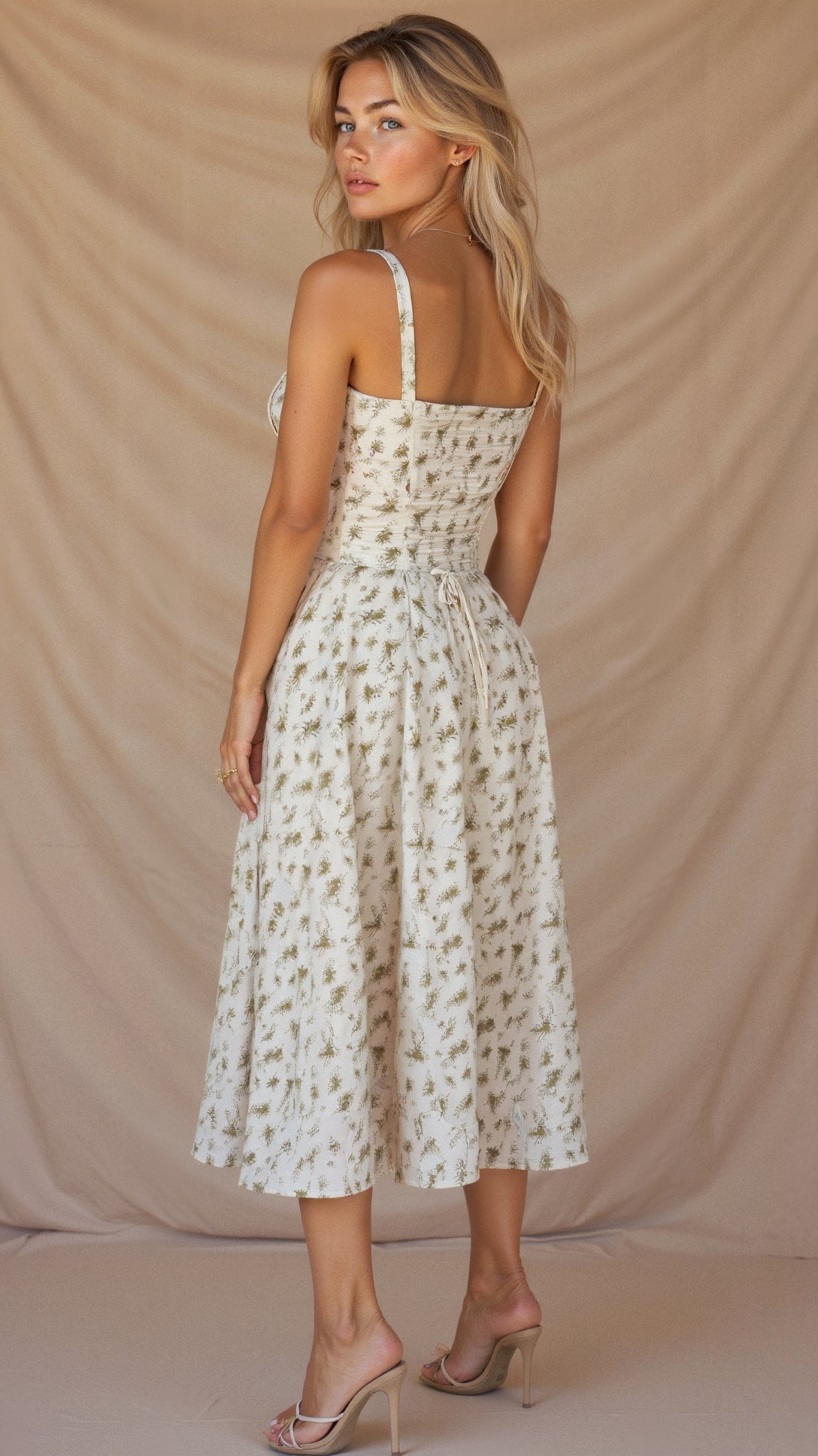 Woman wearing a floral dress against a beige background