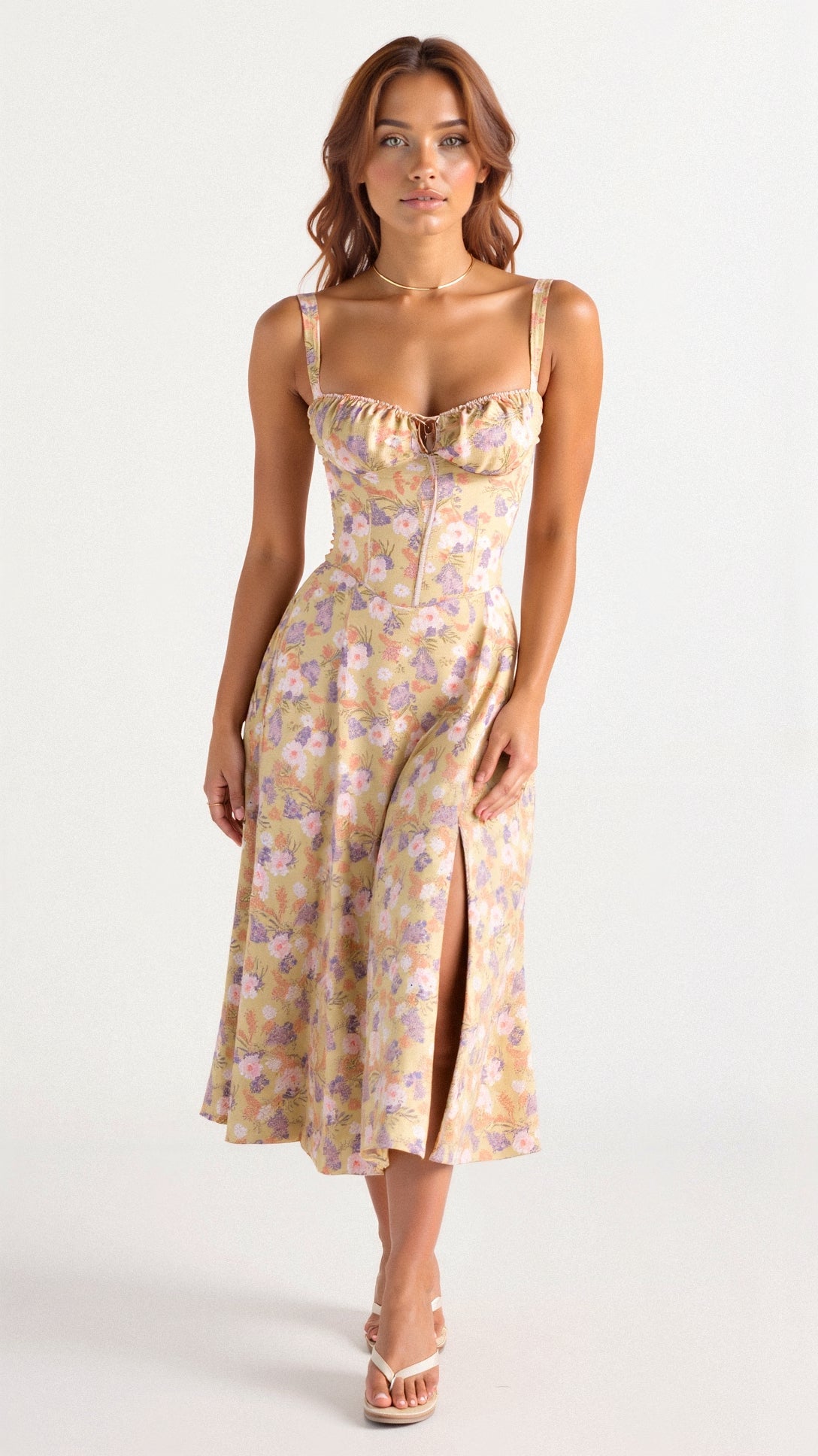 Woman wearing a floral dress on a white background