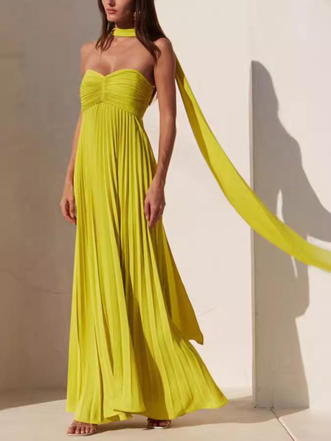 Pleated Sweetheart Ribbon Maxi Dress