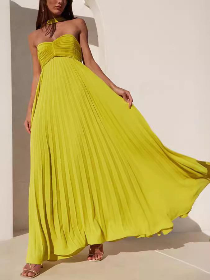 Pleated Sweetheart Ribbon Maxi Dress