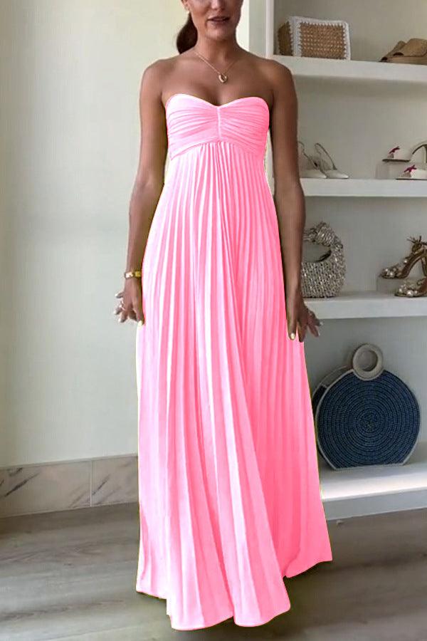 Pleated Sweetheart Ribbon Maxi Dress