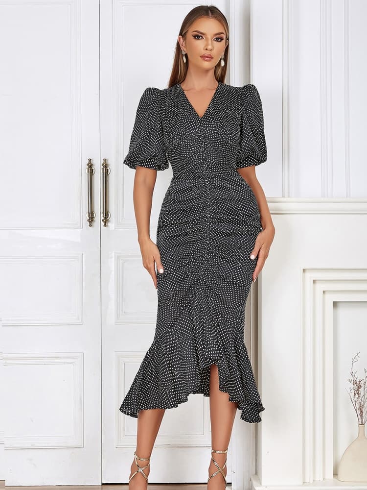 Fitted Ruffle Hem Midi Dress