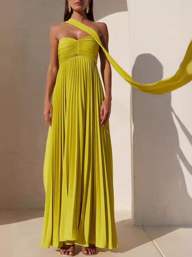 Pleated Sweetheart Ribbon Maxi Dress