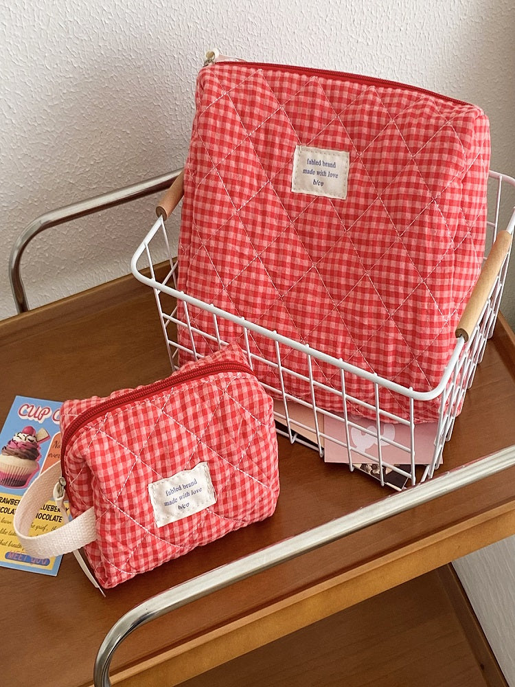 Cranberry Checkered Makeup Bag