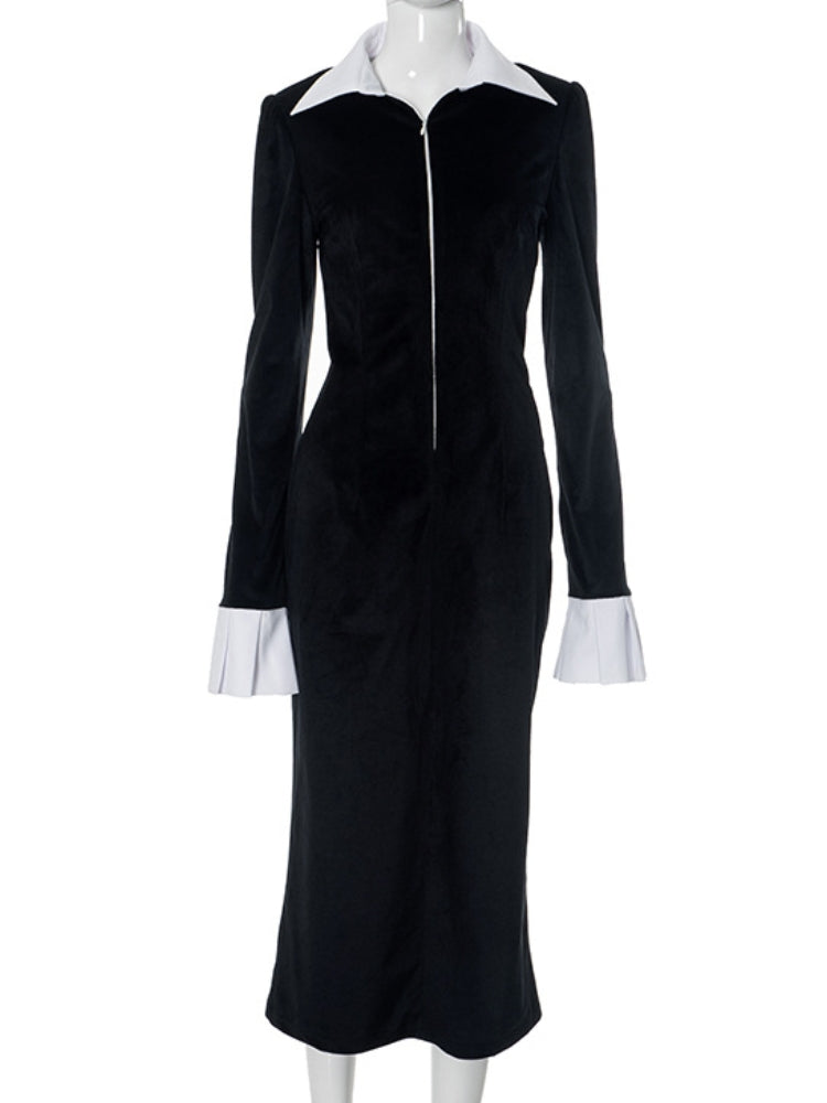 Contrast Collar Zip Midi Dress