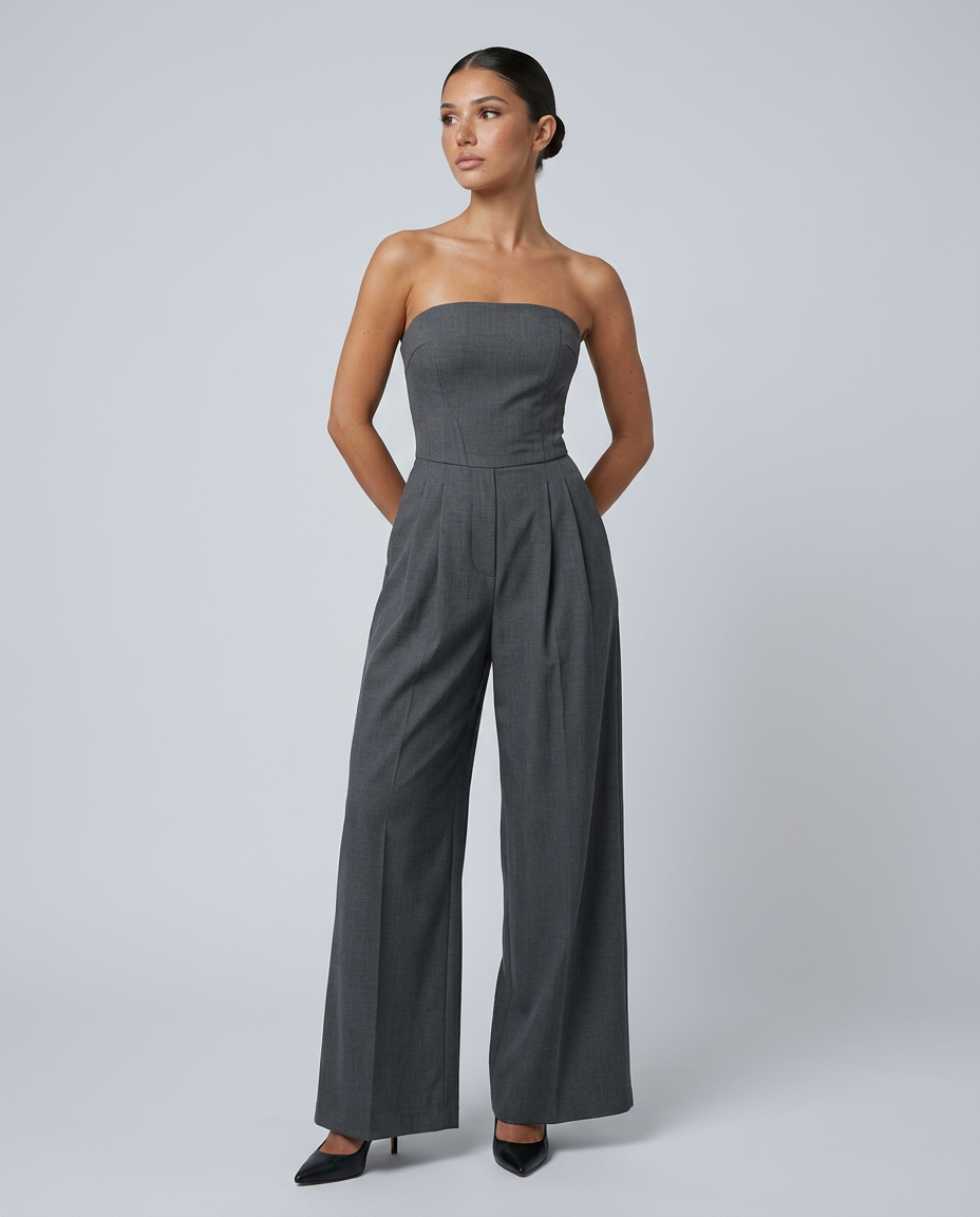 Strapless Pleated Wide-Leg Jumpsuit