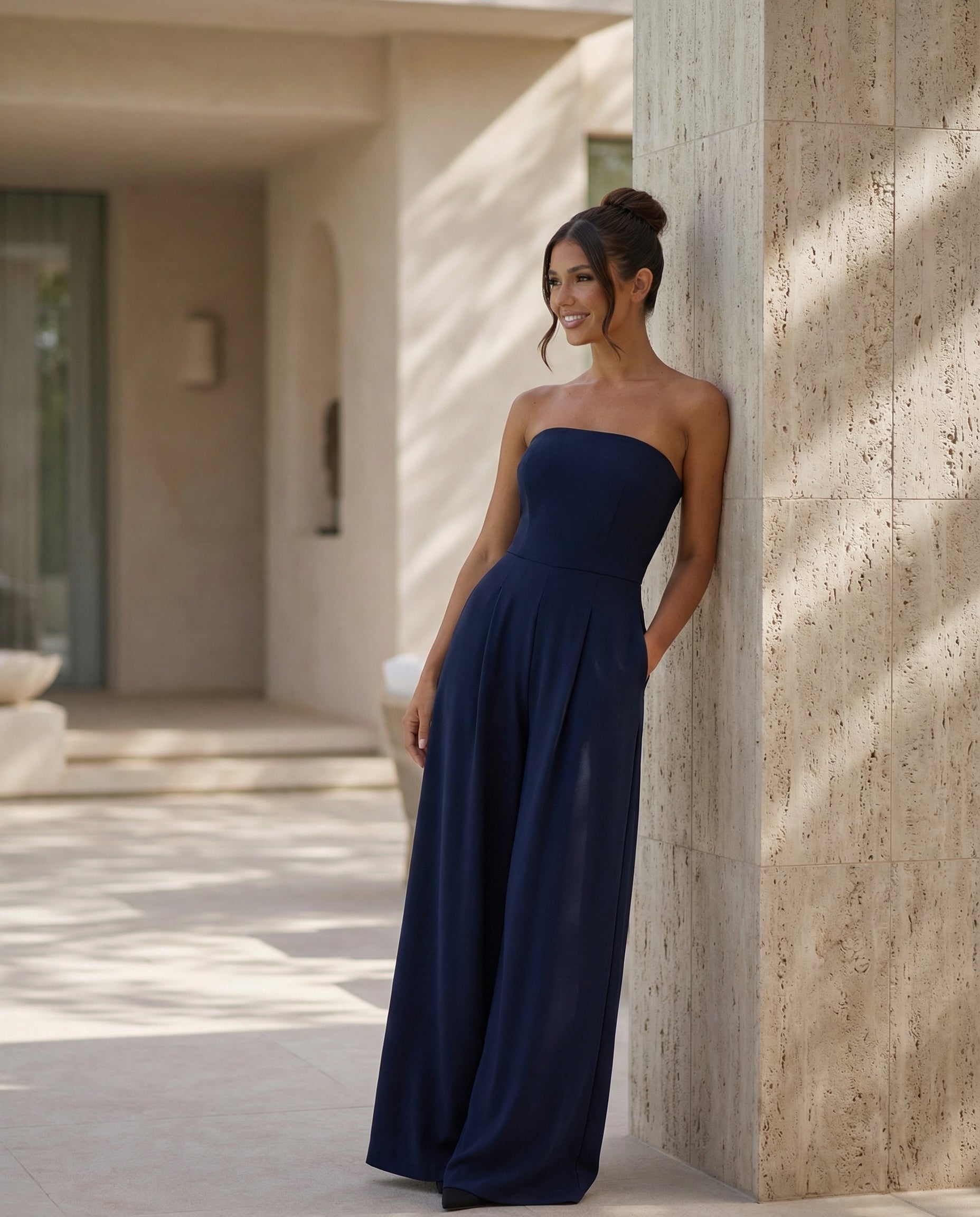 Strapless Pleated Wide-Leg Jumpsuit
