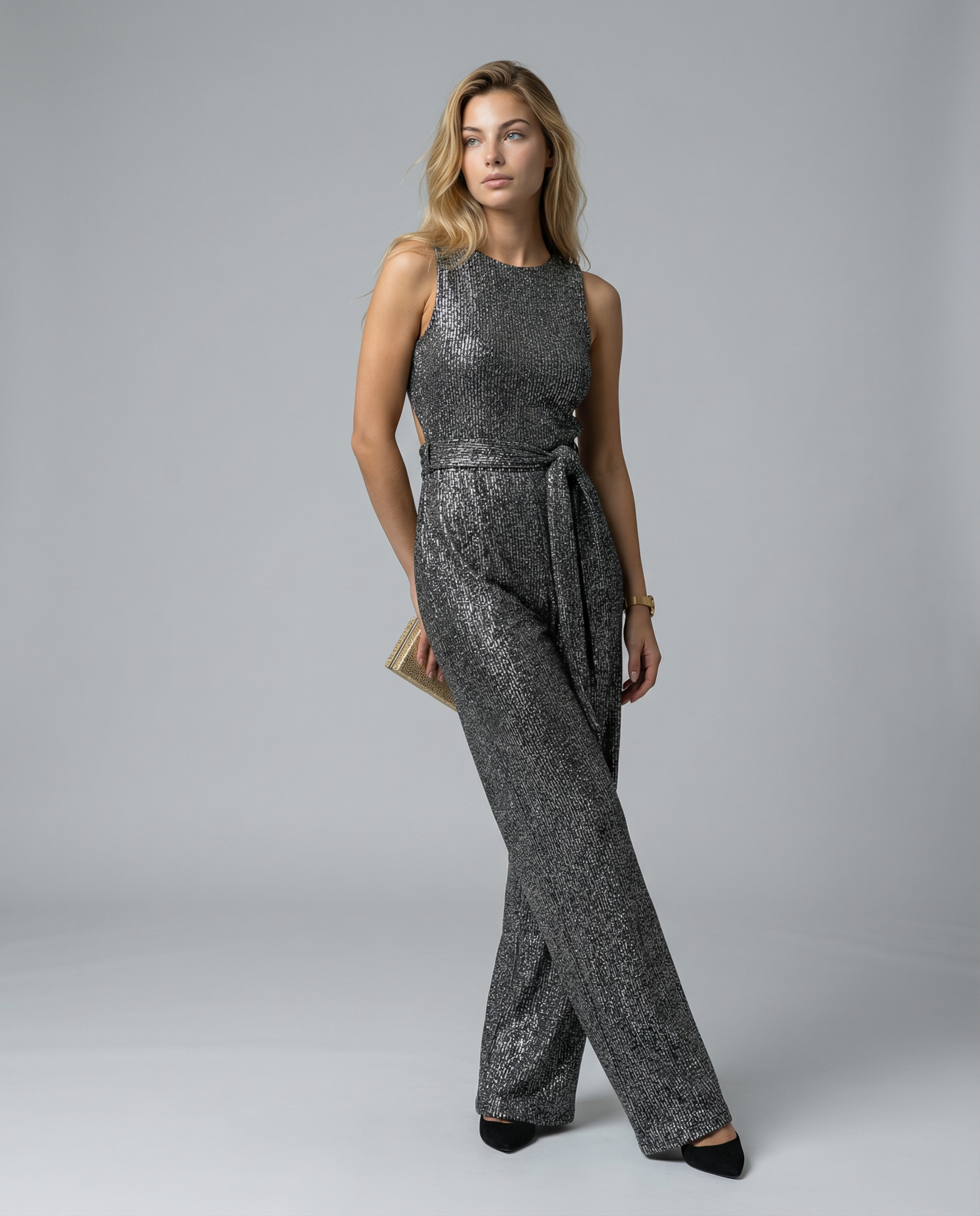 Sequin Open-Back Wide-Leg Jumpsuit