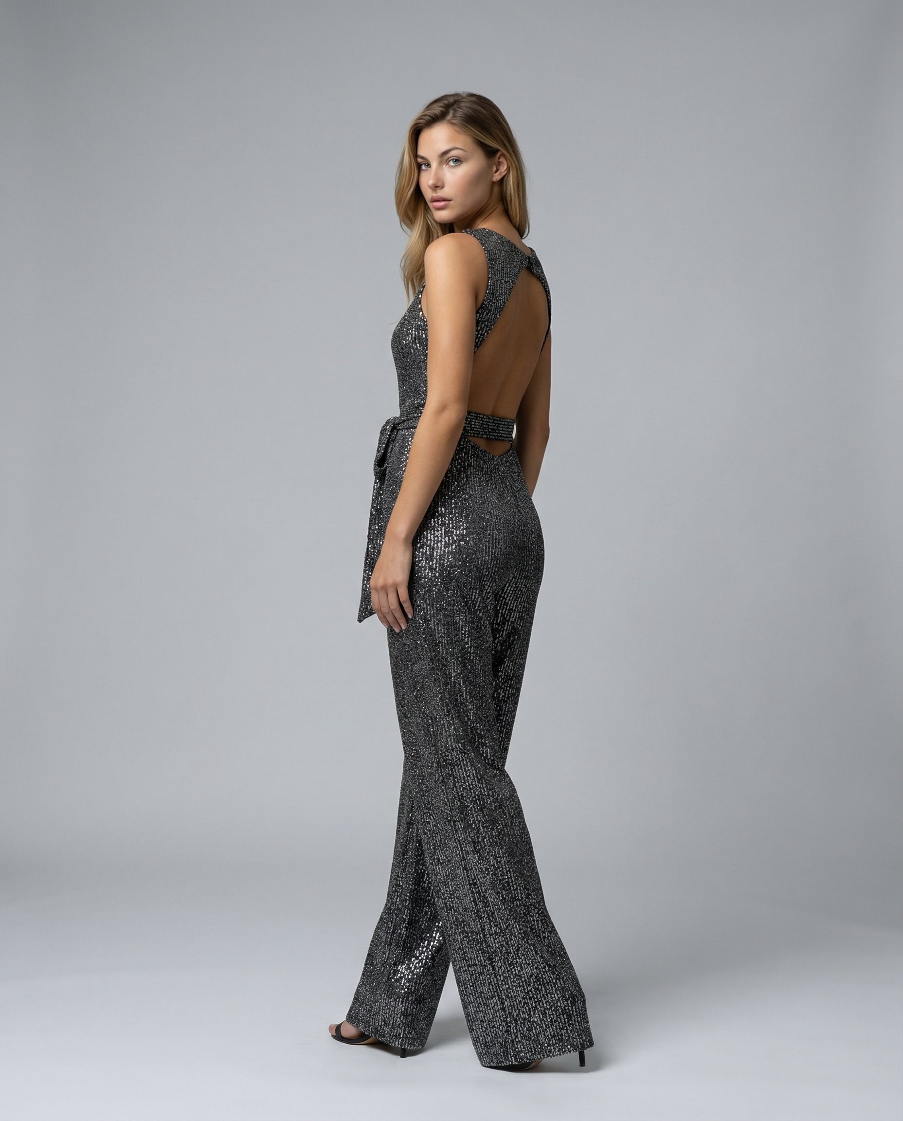 Sequin Open-Back Wide-Leg Jumpsuit
