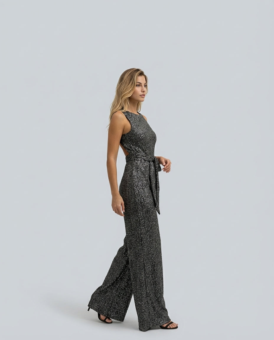 Sequin Open-Back Wide-Leg Jumpsuit