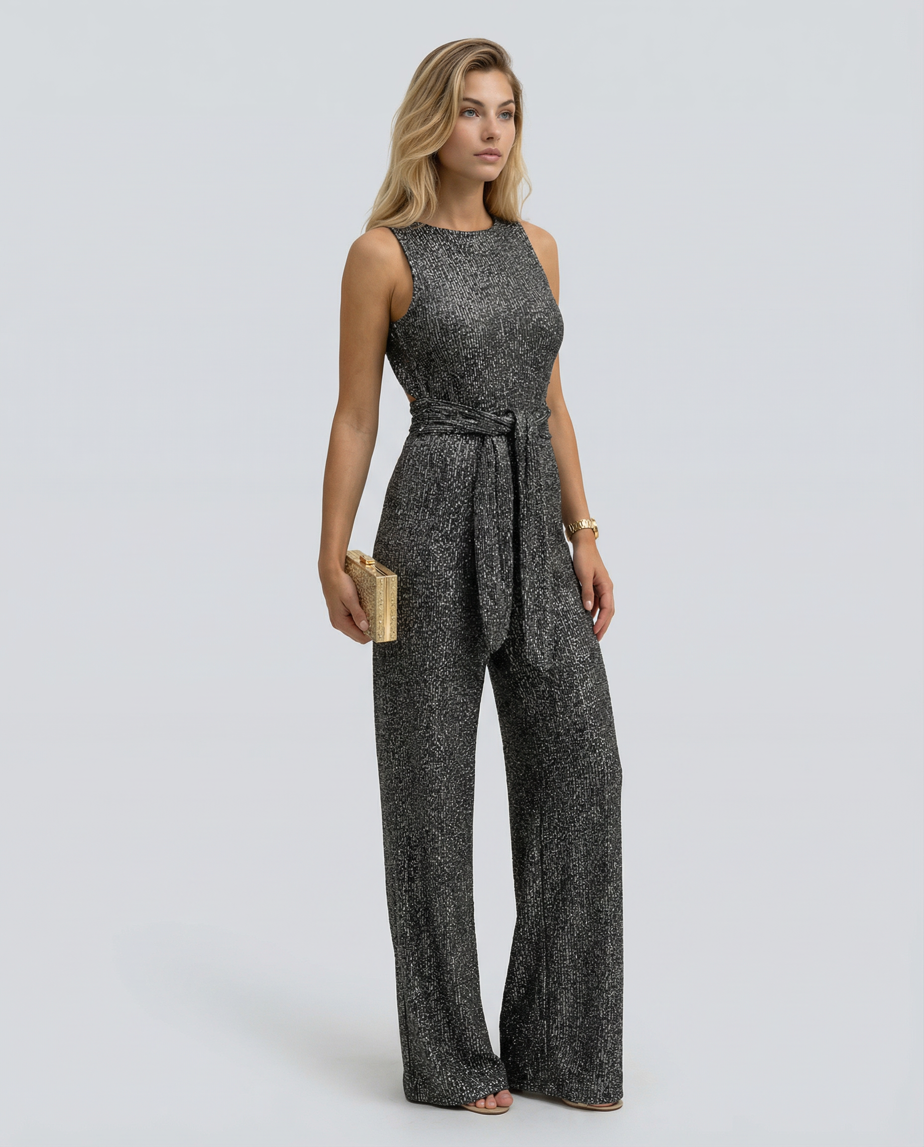 Sequin Open-Back Wide-Leg Jumpsuit