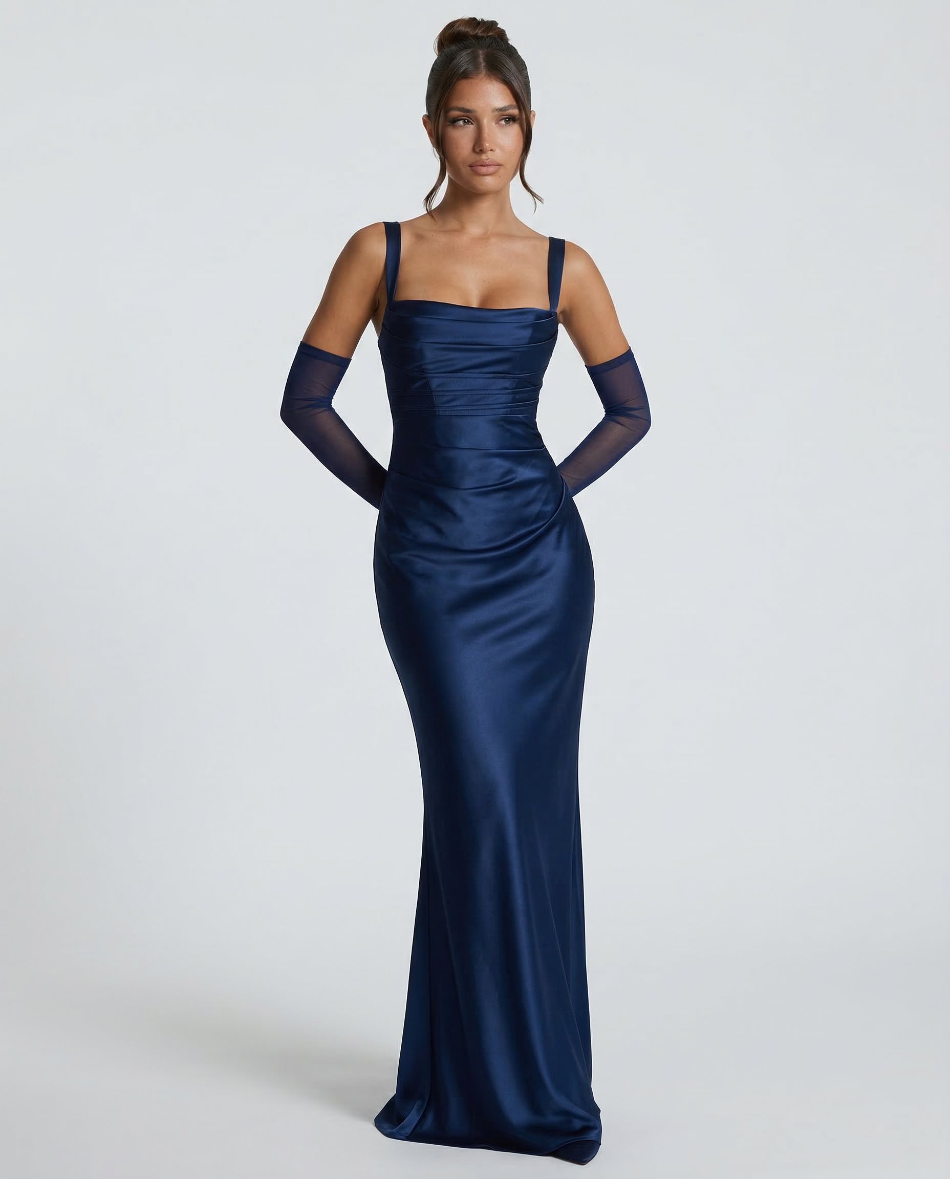 Satin Ruched Square Neck Maxi Dress