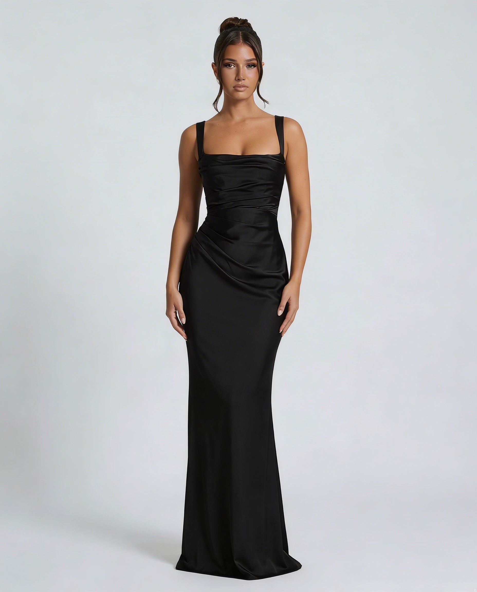 Satin Ruched Square Neck Maxi Dress
