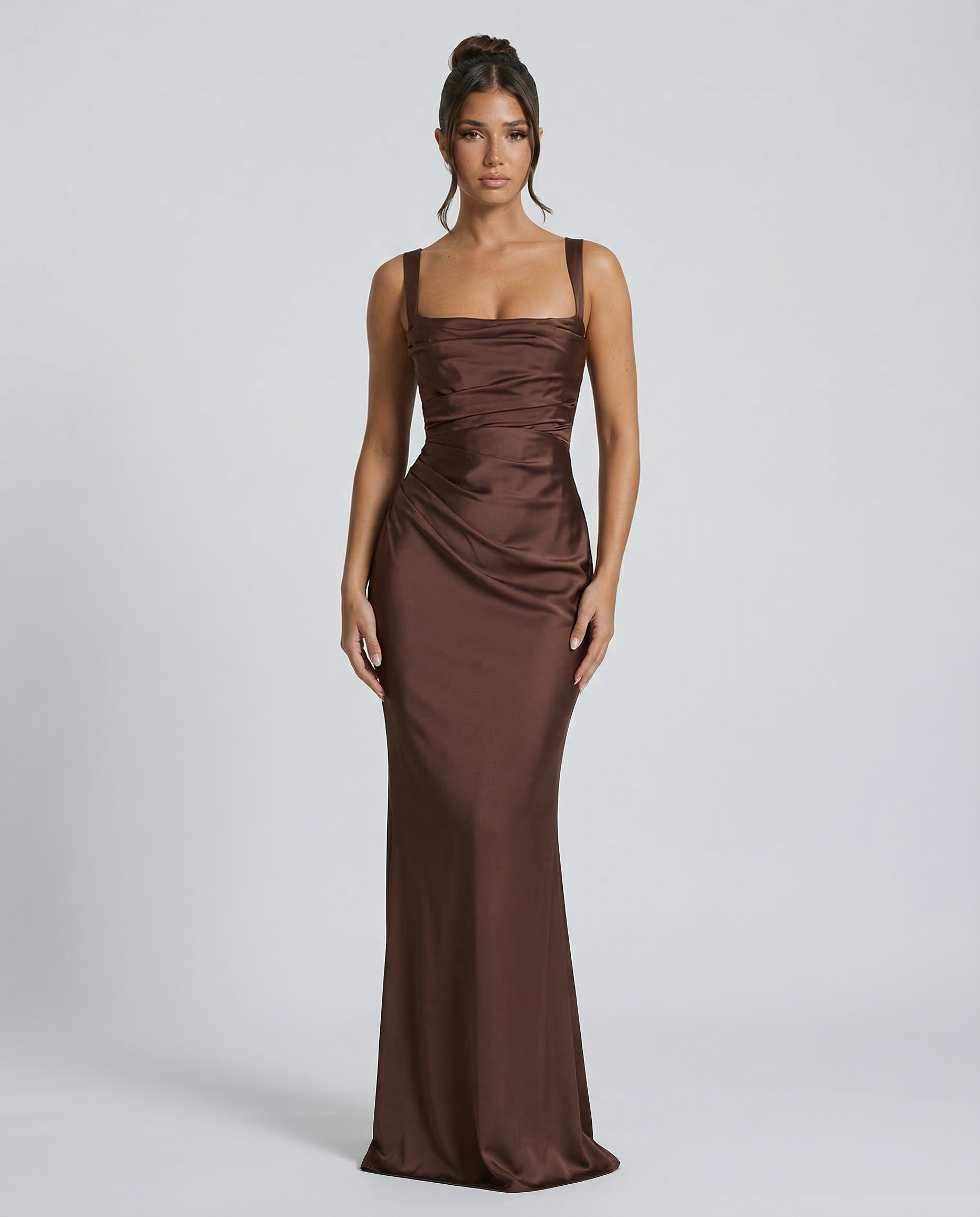 Satin Ruched Square Neck Maxi Dress
