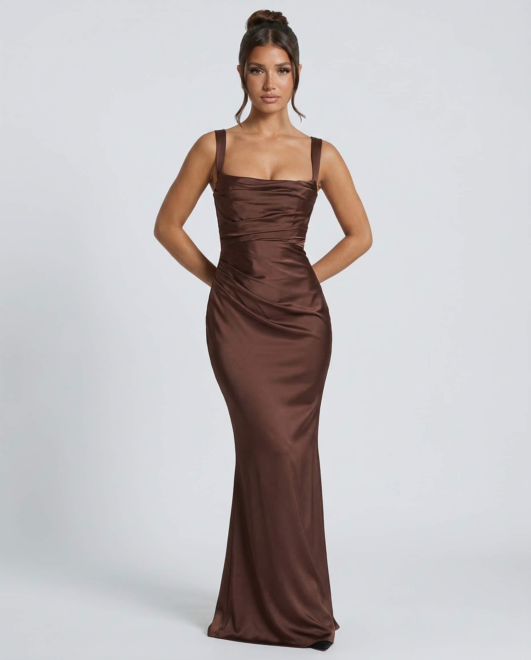 Satin Ruched Square Neck Maxi Dress